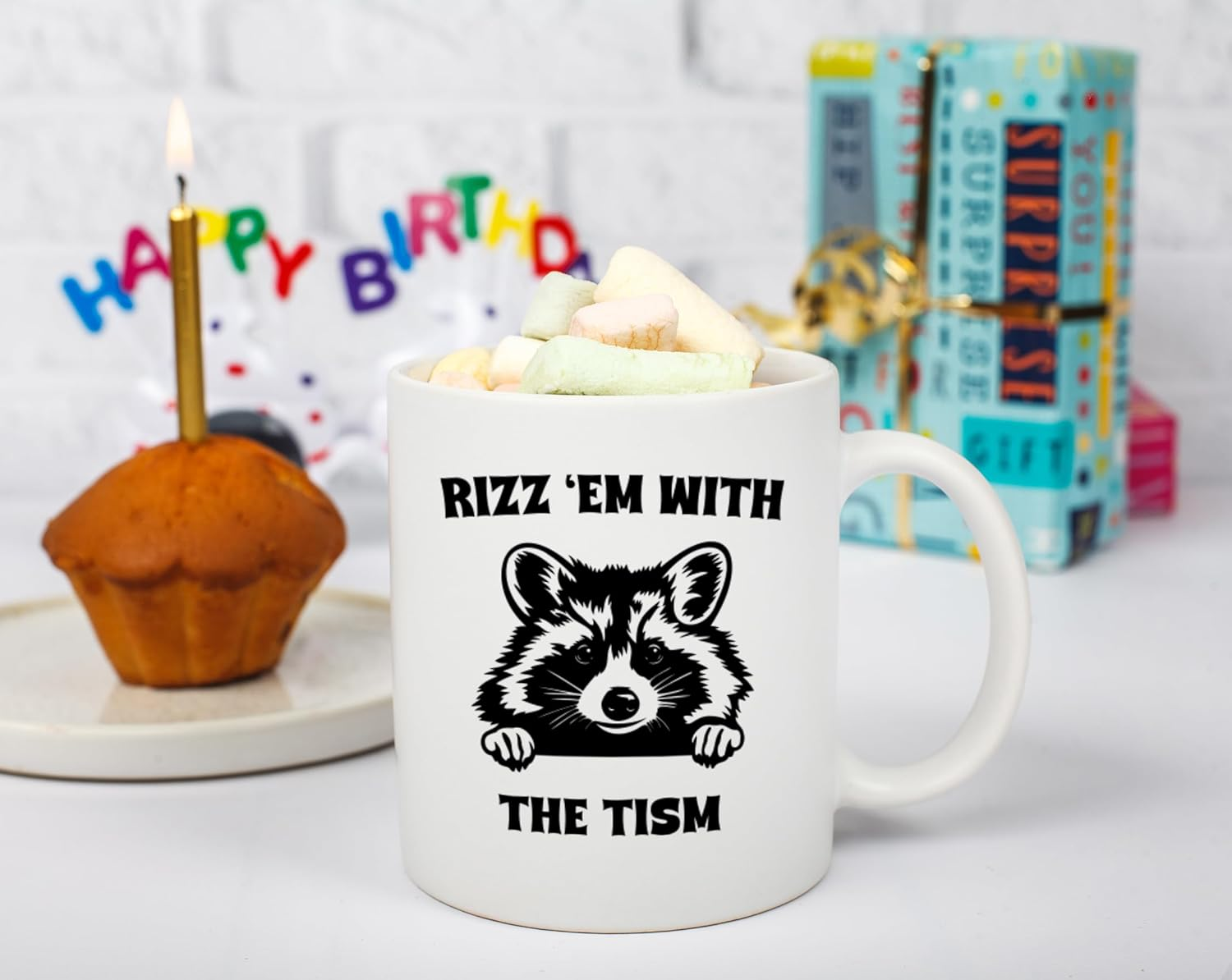 Rizz 'Em With The Tism Mug - Funny Raccoon Meme Gag Gifts For For Men Women Boyfriend Girlfriend - Autism Awareness Birthday Present For Him Her Best Friend - 11oz White Coffee Tea Cup