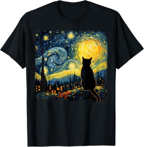 Night Van Gogh Cat For Cat Lover Cat Mom Cat Dad T-Shirt